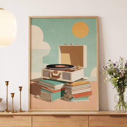 Sunlit Vinyl Stories, green, beige, brown minimalist wall art displayed in a styled interior, gallery view 5