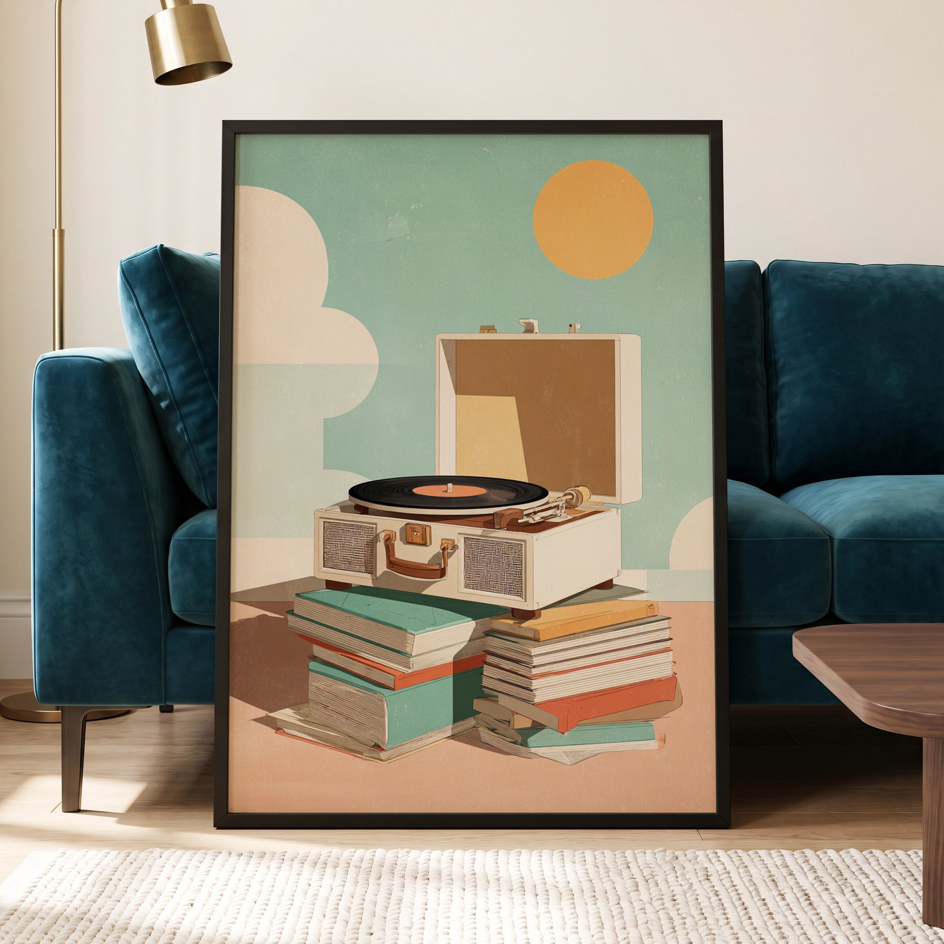 Sunlit Vinyl Stories, green, beige, brown minimalist wall art displayed in a styled interior, gallery view 6