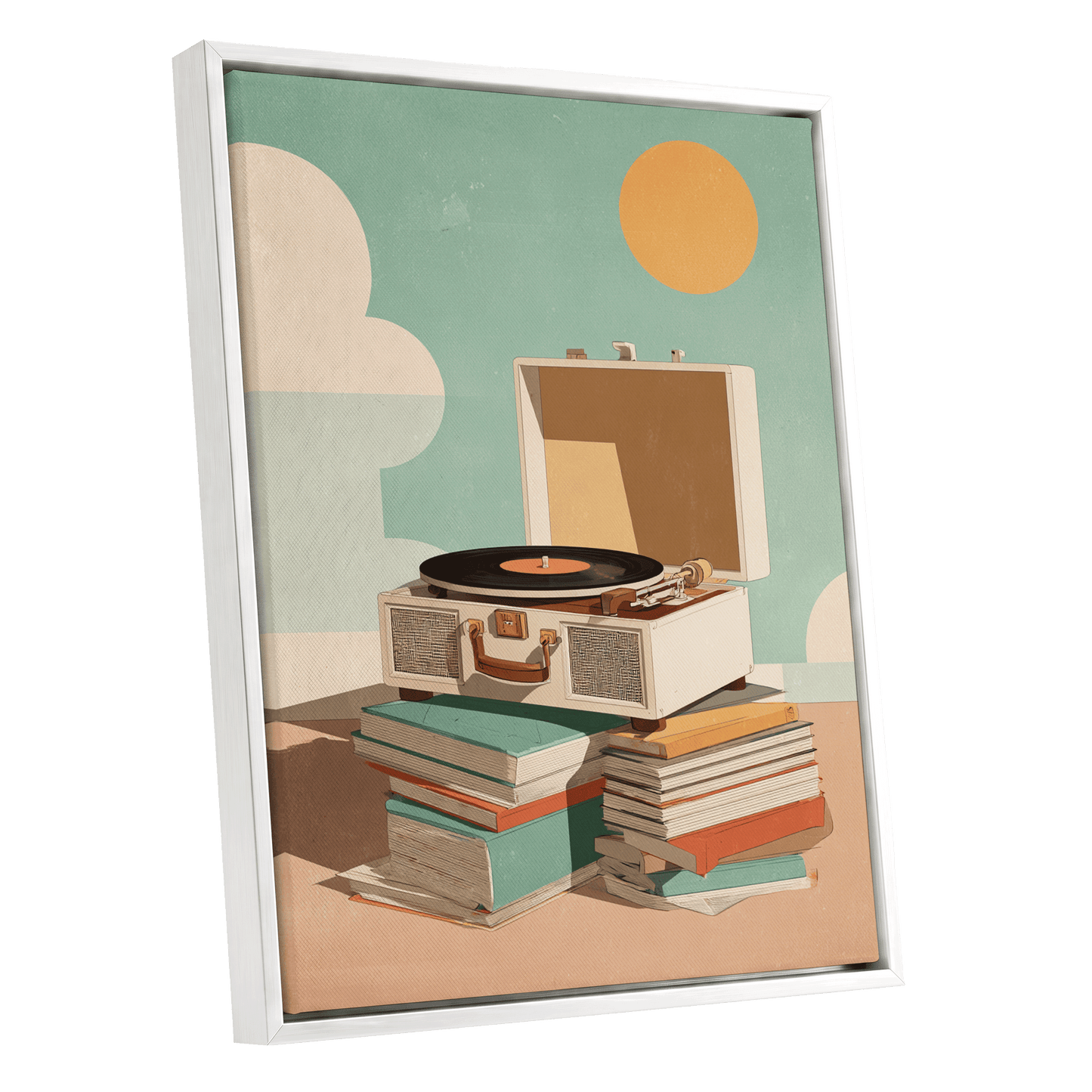 Sunlit Vinyl Stories, green, beige, brown minimalist wall art shown as a white framed canvas wall art