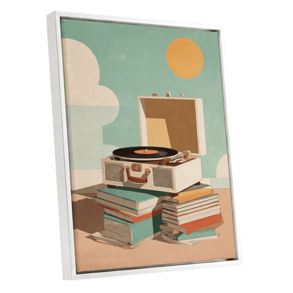 Sunlit Vinyl Stories, green, beige, brown minimalist wall art shown as a white framed canvas wall art