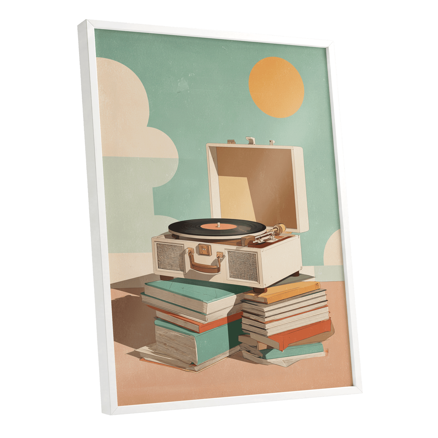 Sunlit Vinyl Stories, green, beige, brown minimalist wall art shown as a white framed poster wall art print
