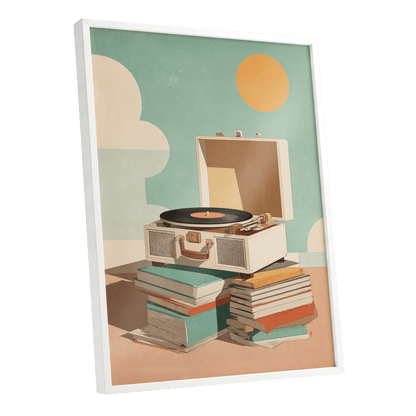 Sunlit Vinyl Stories, green, beige, brown minimalist wall art shown as a white framed poster wall art print