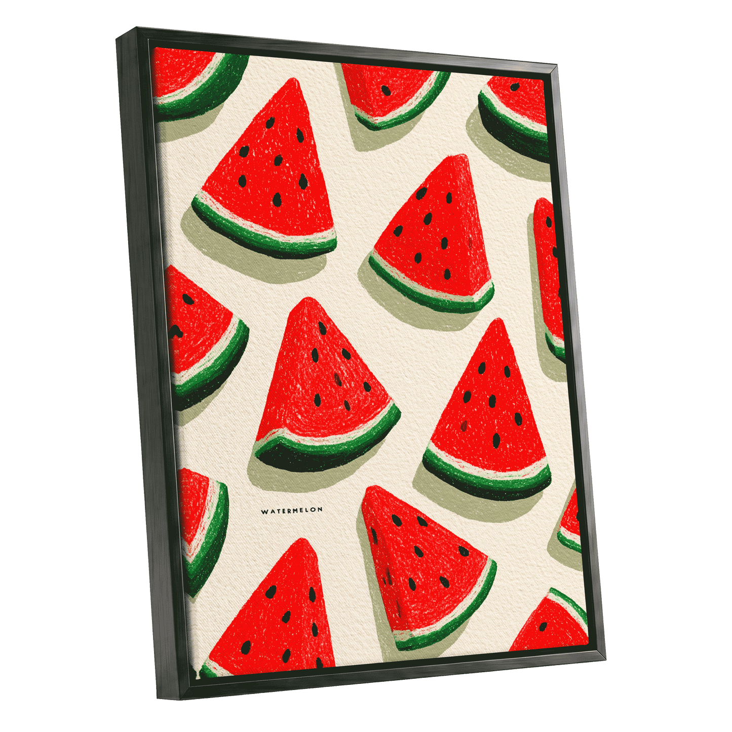Sunlit Watermelon Parade, red, green, beige nature wall art shown as a black framed canvas wall art