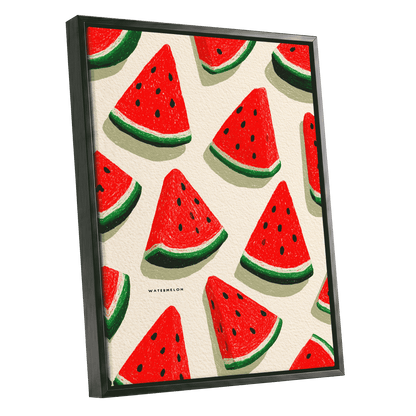 Sunlit Watermelon Parade, red, green, beige nature wall art shown as a black framed canvas wall art