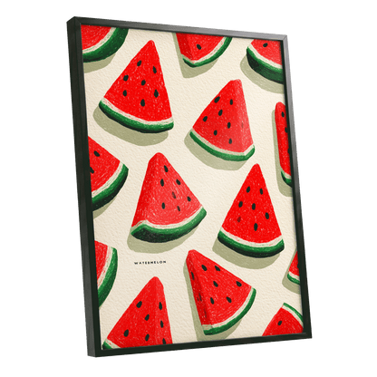 Sunlit Watermelon Parade, red, green, beige nature wall art shown as a black framed poster wall art print