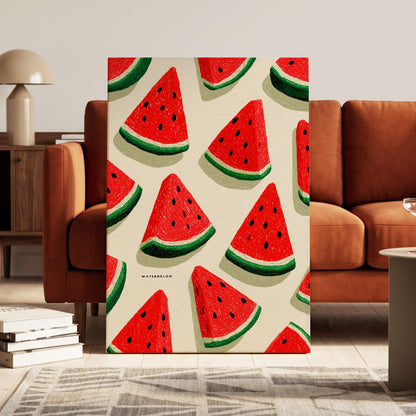 Sunlit Watermelon Parade, red, green, beige nature wall art on canvas displayed in a styled interior, gallery view 1
