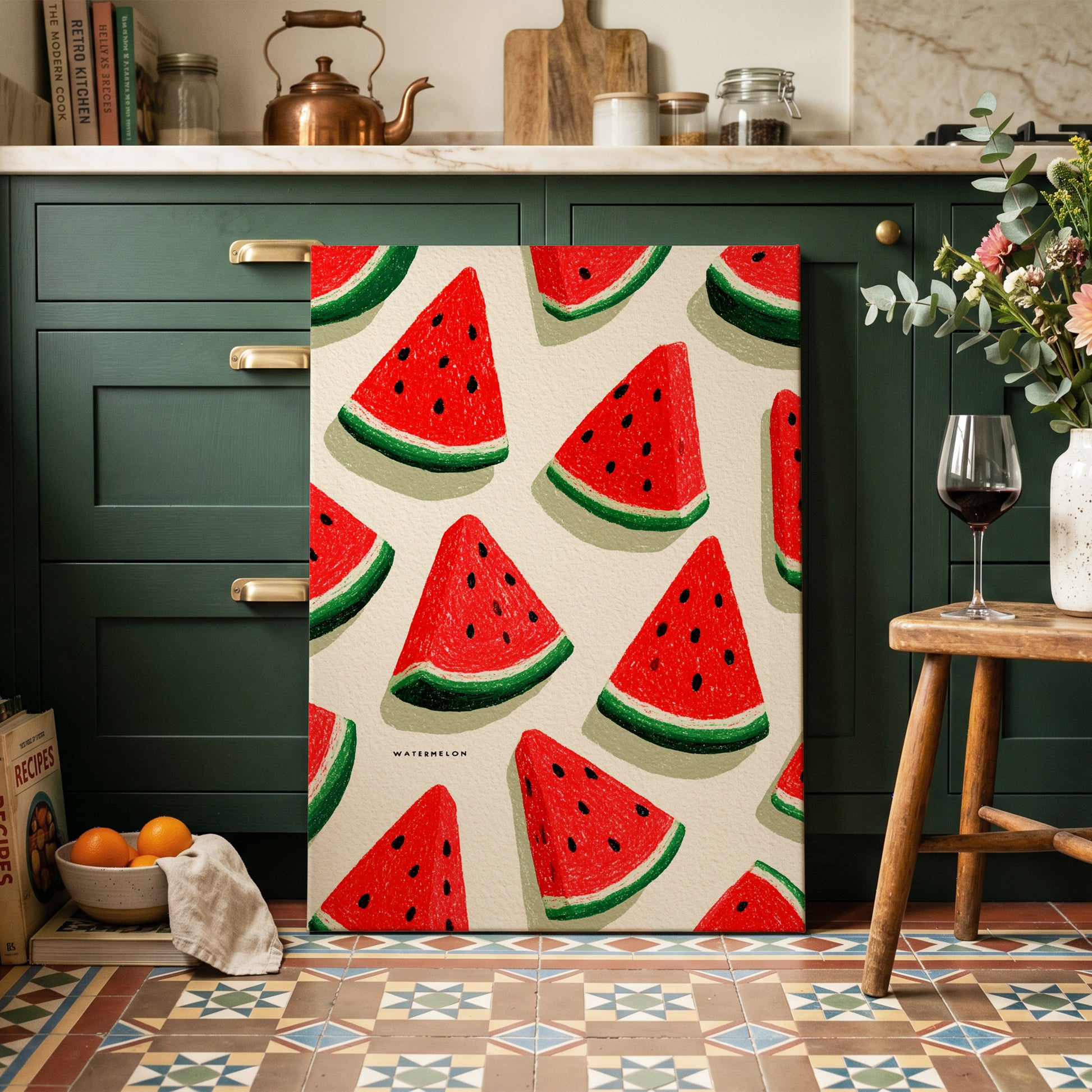Sunlit Watermelon Parade, red, green, beige nature wall art on canvas displayed in a styled interior, gallery view 2