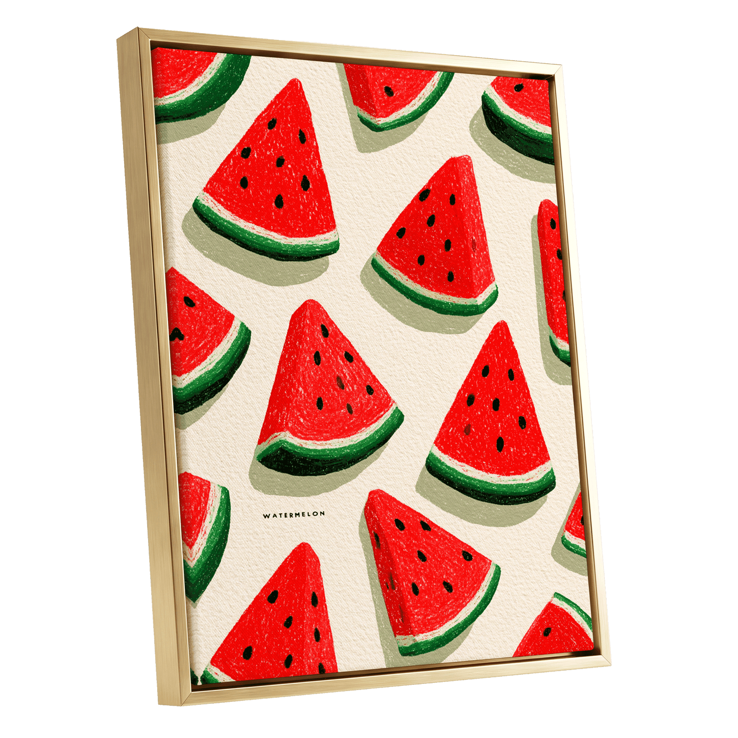 Sunlit Watermelon Parade, red, green, beige nature wall art shown as a gold framed canvas wall art