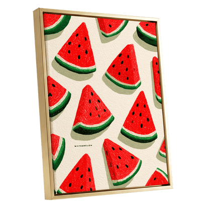 Sunlit Watermelon Parade, red, green, beige nature wall art shown as a gold framed canvas wall art