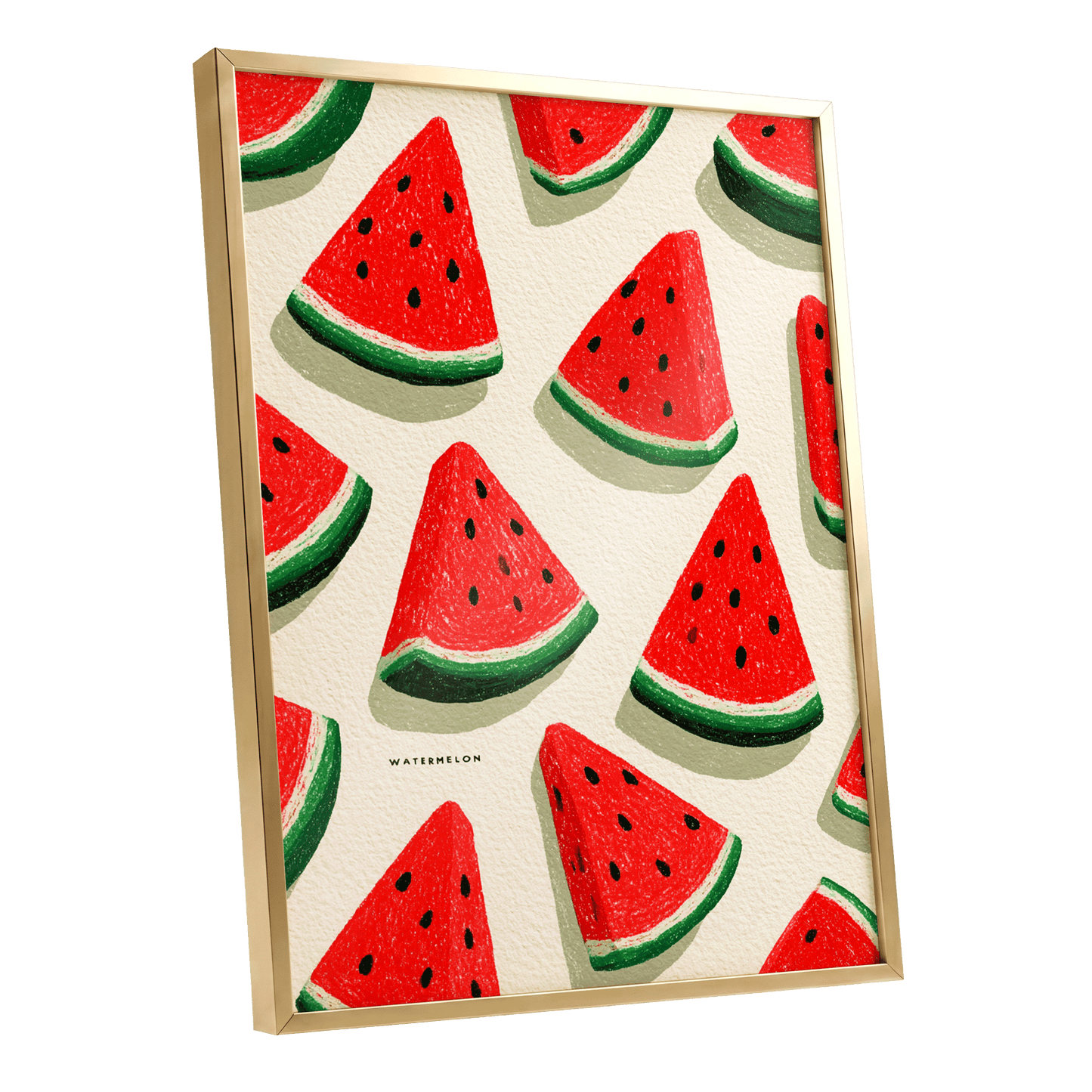Sunlit Watermelon Parade, red, green, beige nature wall art shown as a gold framed poster wall art print