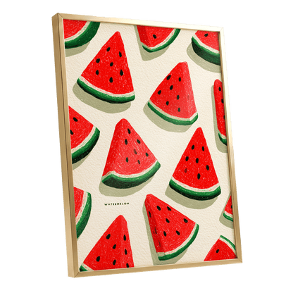 Sunlit Watermelon Parade, red, green, beige nature wall art shown as a gold framed poster wall art print
