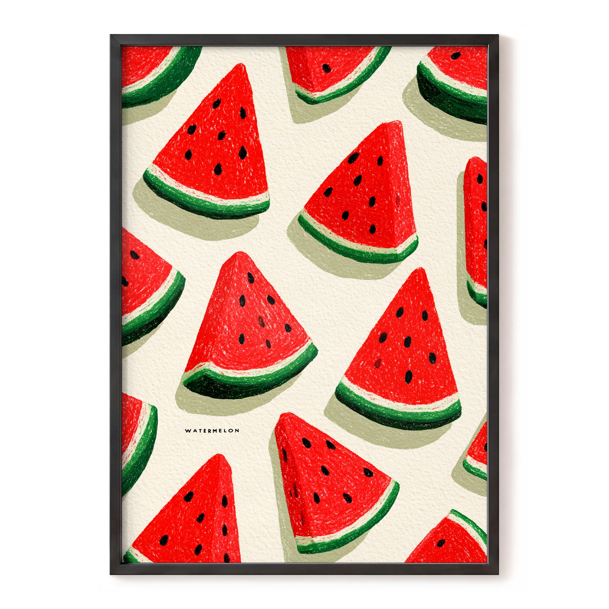 Sunlit Watermelon Parade, red, green, beige nature wall art, front artwork view