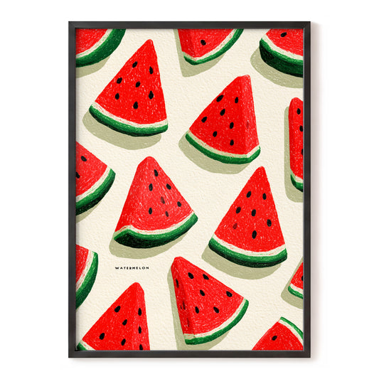 Sunlit Watermelon Parade, red, green, beige nature wall art, front artwork view