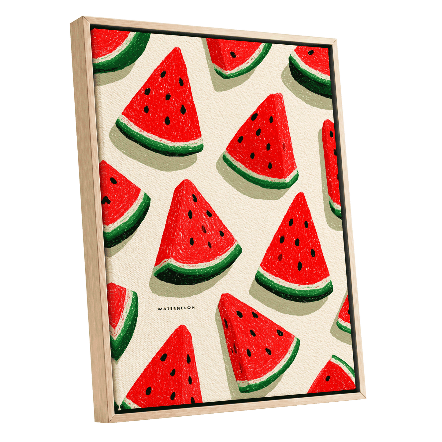 Sunlit Watermelon Parade, red, green, beige nature wall art shown as a oak framed canvas wall art