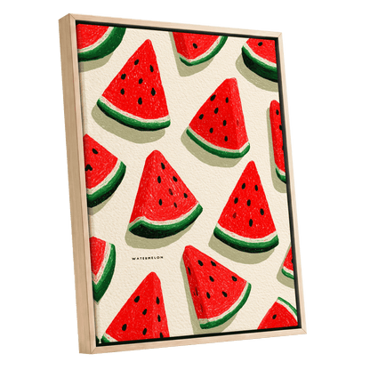 Sunlit Watermelon Parade, red, green, beige nature wall art shown as a oak framed canvas wall art