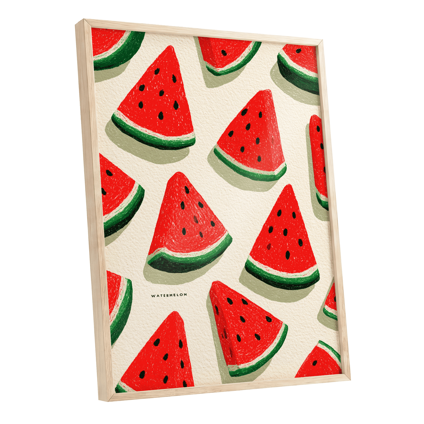 Sunlit Watermelon Parade, red, green, beige nature wall art shown as a oak framed poster wall art print