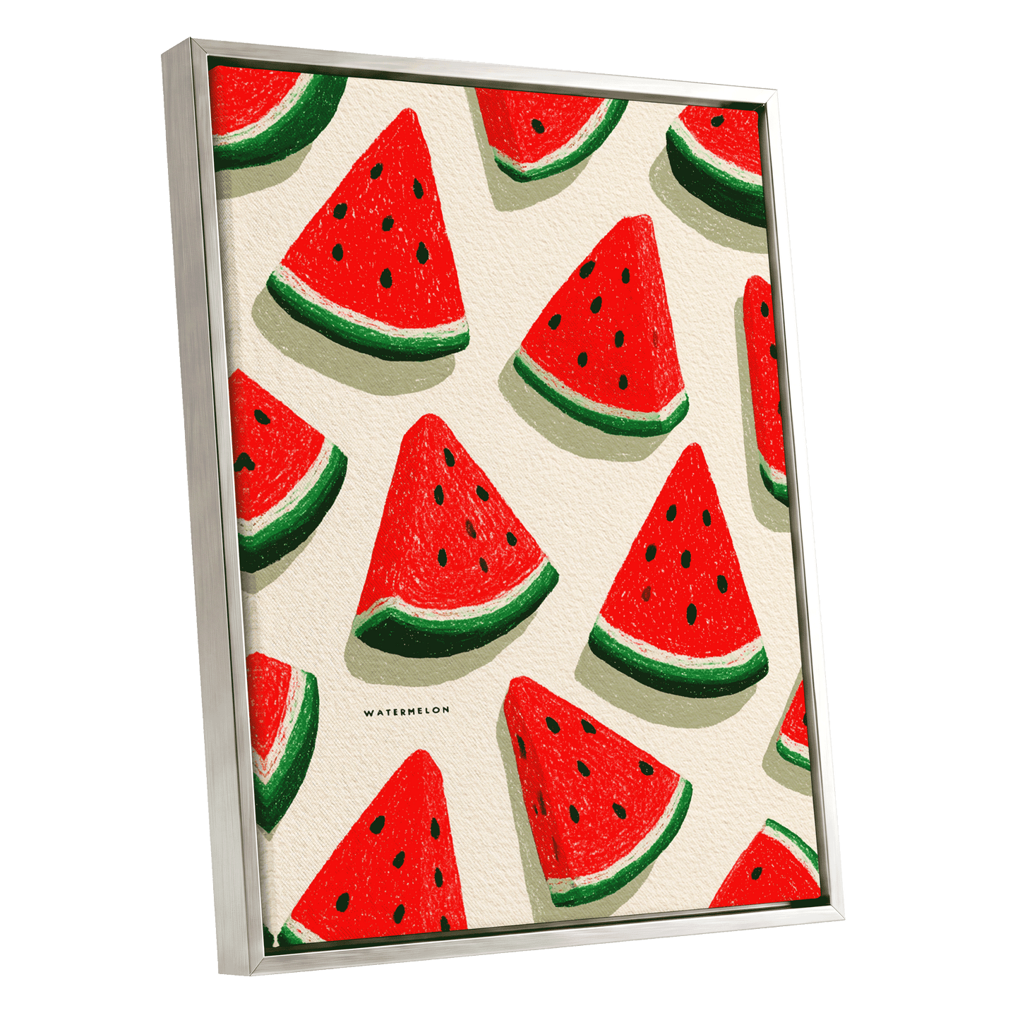 Sunlit Watermelon Parade, red, green, beige nature wall art shown as a silver framed canvas wall art