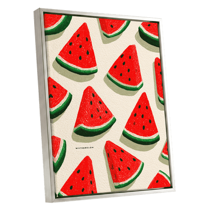 Sunlit Watermelon Parade, red, green, beige nature wall art shown as a silver framed canvas wall art