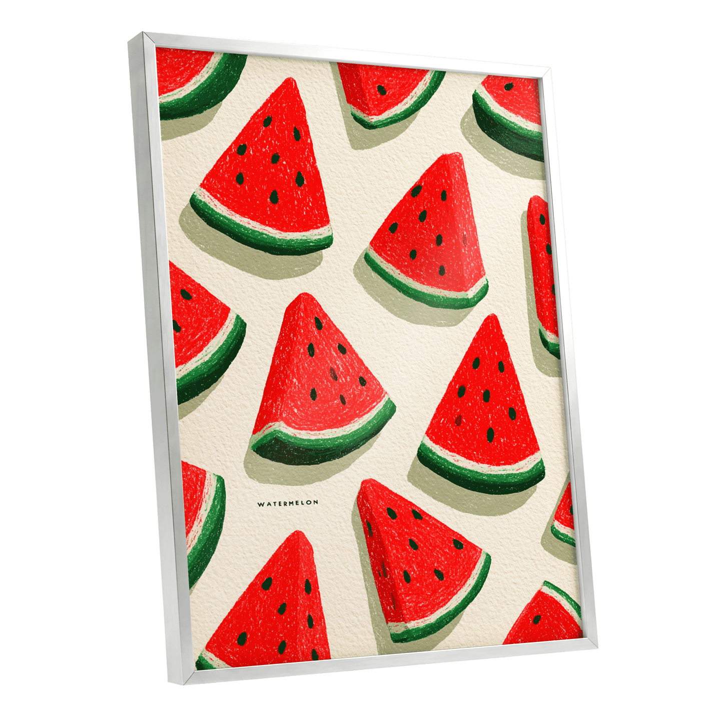 Sunlit Watermelon Parade, red, green, beige nature wall art shown as a silver framed poster wall art print
