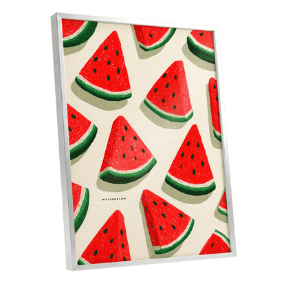 Sunlit Watermelon Parade, red, green, beige nature wall art shown as a silver framed poster wall art print