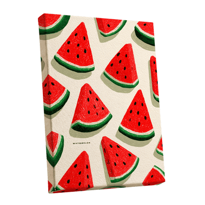 Sunlit Watermelon Parade, red, green, beige nature wall art shown as a stretched canvas wall art