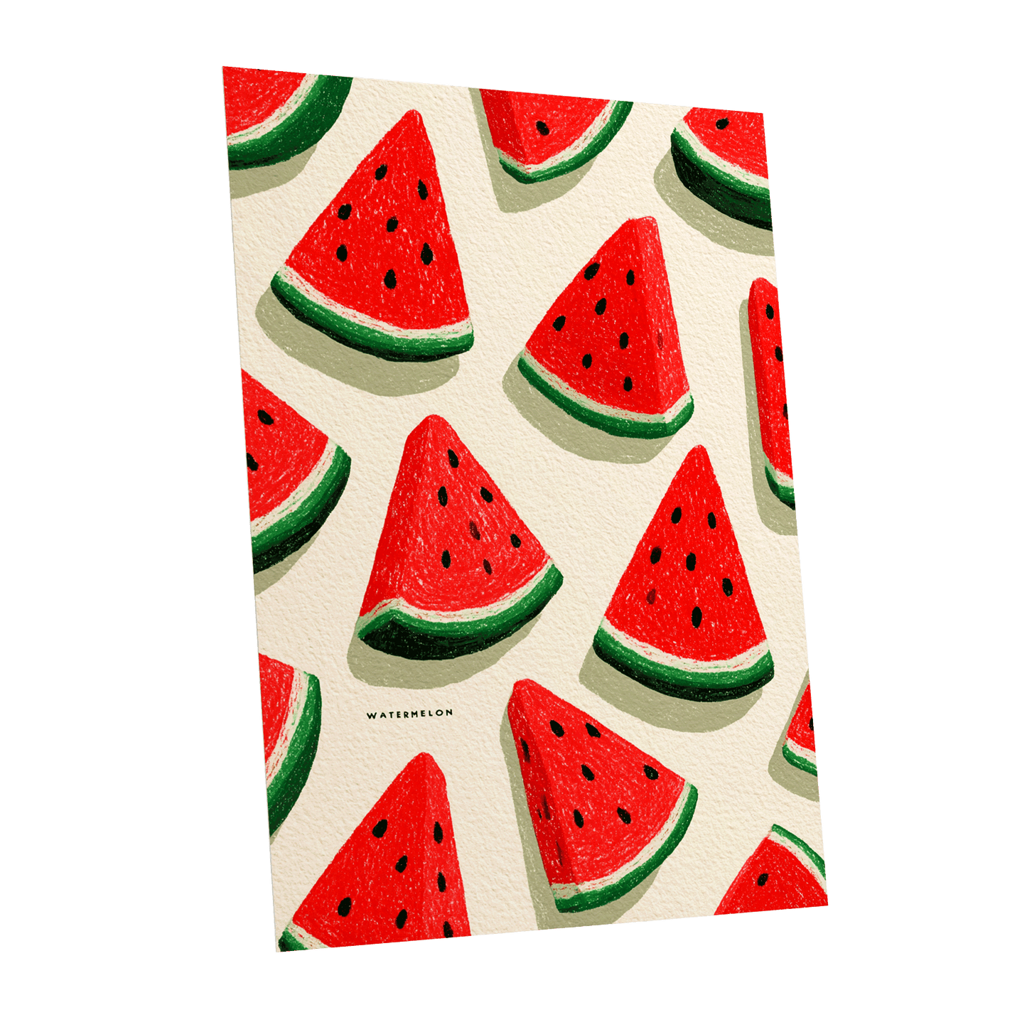 Sunlit Watermelon Parade, red, green, beige nature wall art shown as a unframed poster wall art print