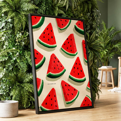 Sunlit Watermelon Parade, red, green, beige nature wall art displayed in a styled interior, gallery view 1