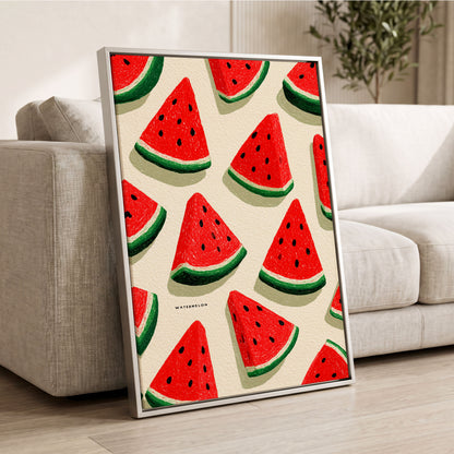 Sunlit Watermelon Parade, red, green, beige nature wall art displayed in a styled interior, gallery view 2