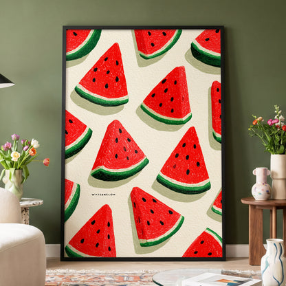 Sunlit Watermelon Parade, red, green, beige nature wall art displayed in a styled interior, gallery view 4