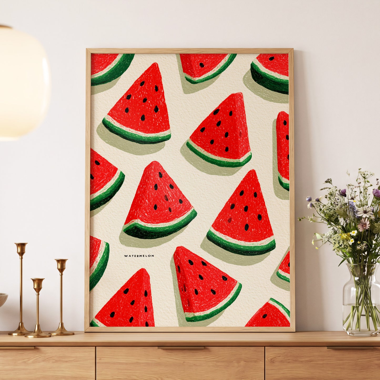 Sunlit Watermelon Parade, red, green, beige nature wall art displayed in a styled interior, gallery view 5