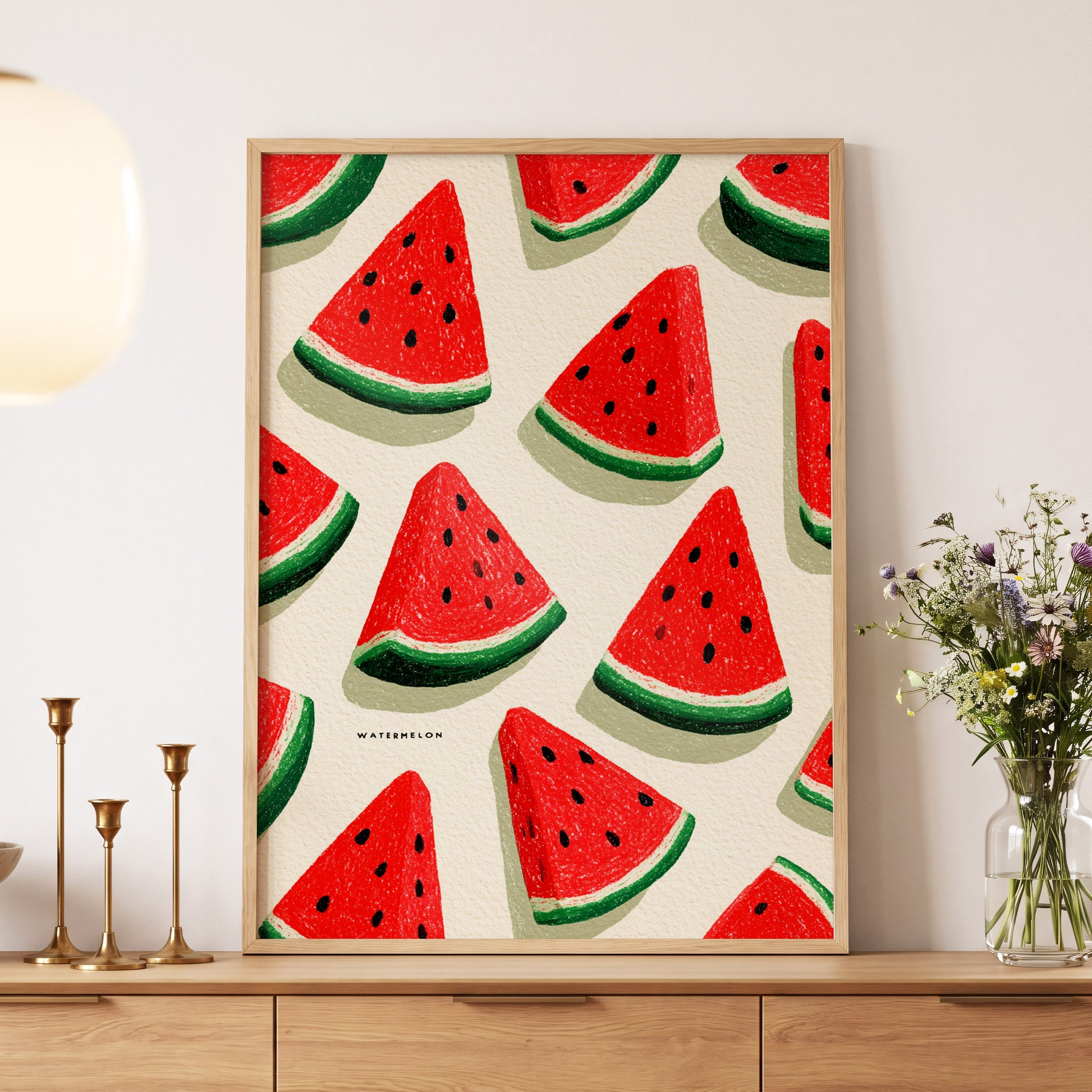 Sunlit Watermelon Parade, red, green, beige nature wall art displayed in a styled interior, gallery view 5