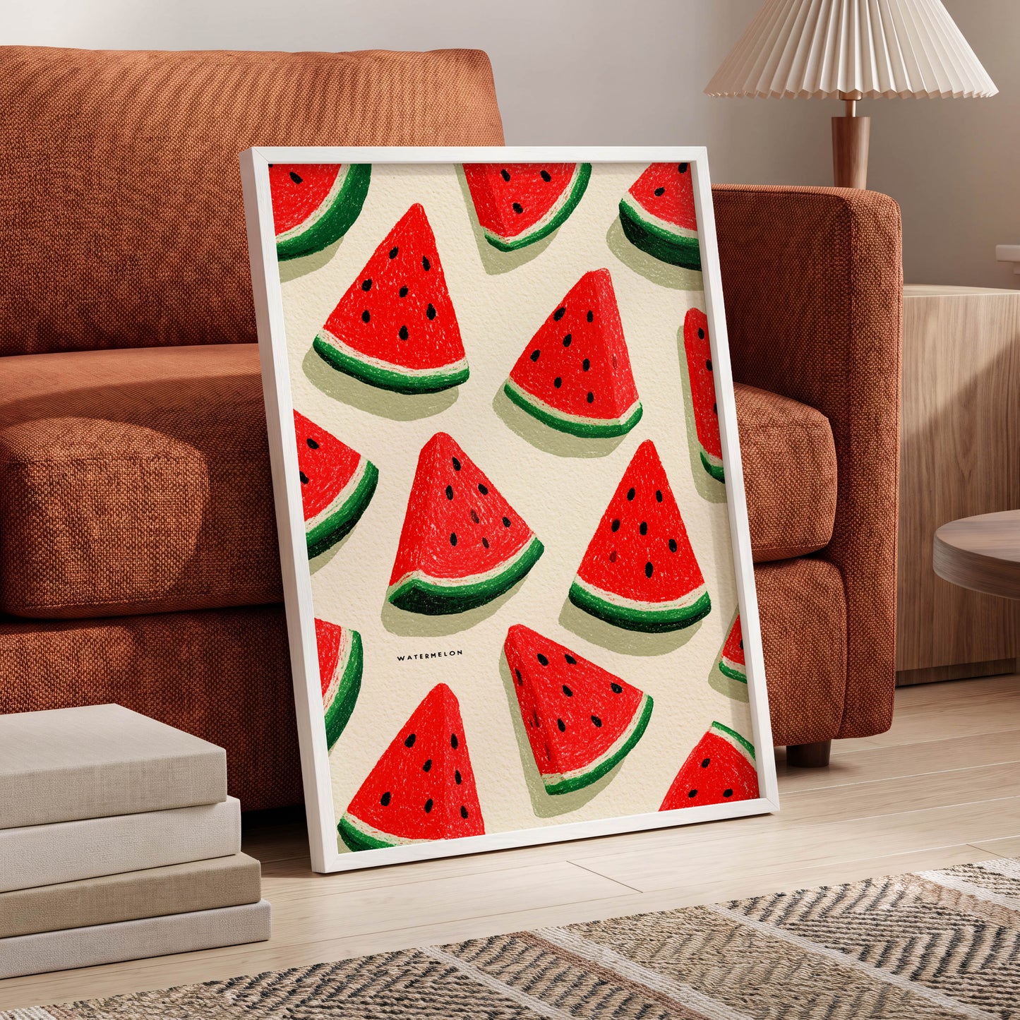 Sunlit Watermelon Parade, red, green, beige nature wall art displayed in a styled interior, gallery view 6