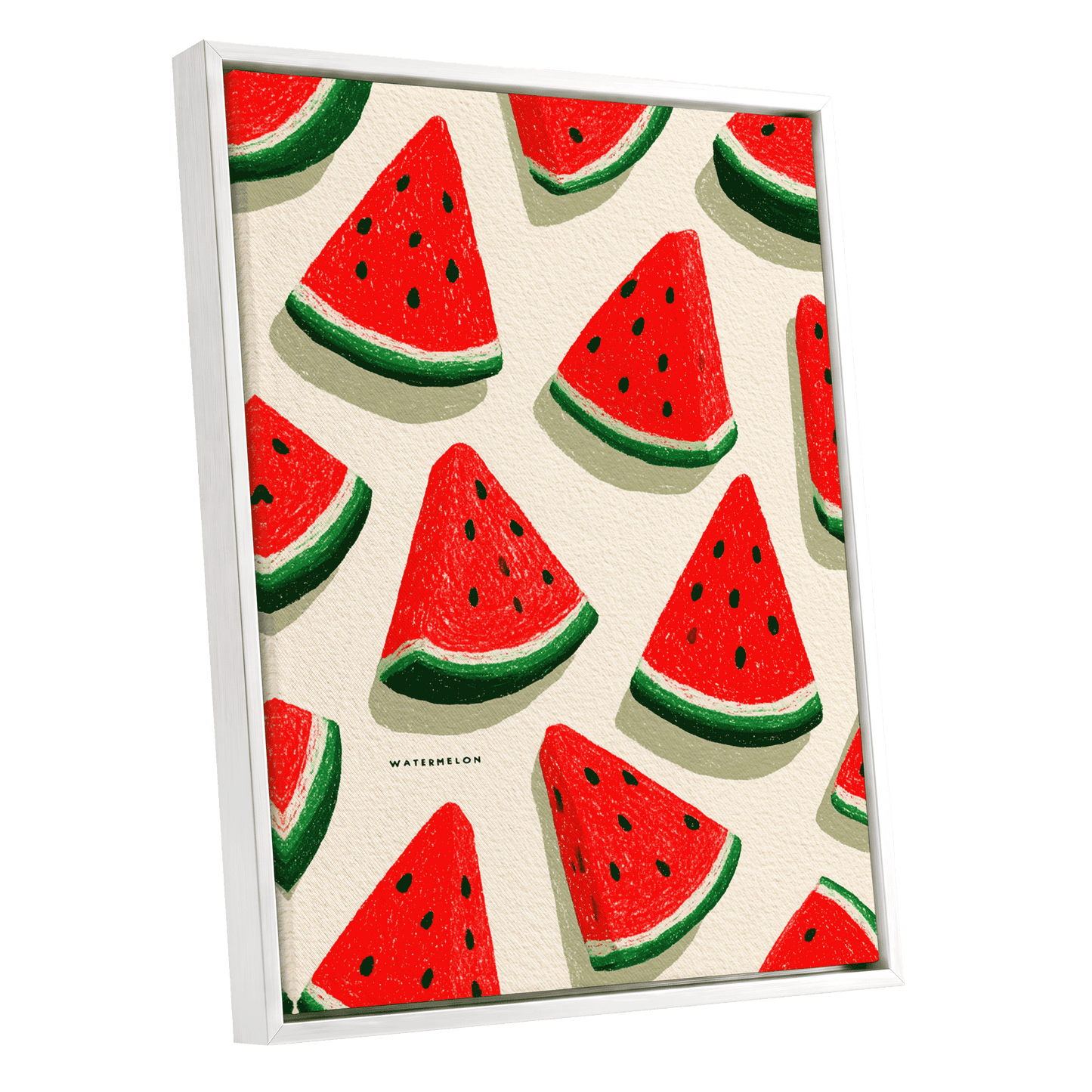 Sunlit Watermelon Parade, red, green, beige nature wall art shown as a white framed canvas wall art