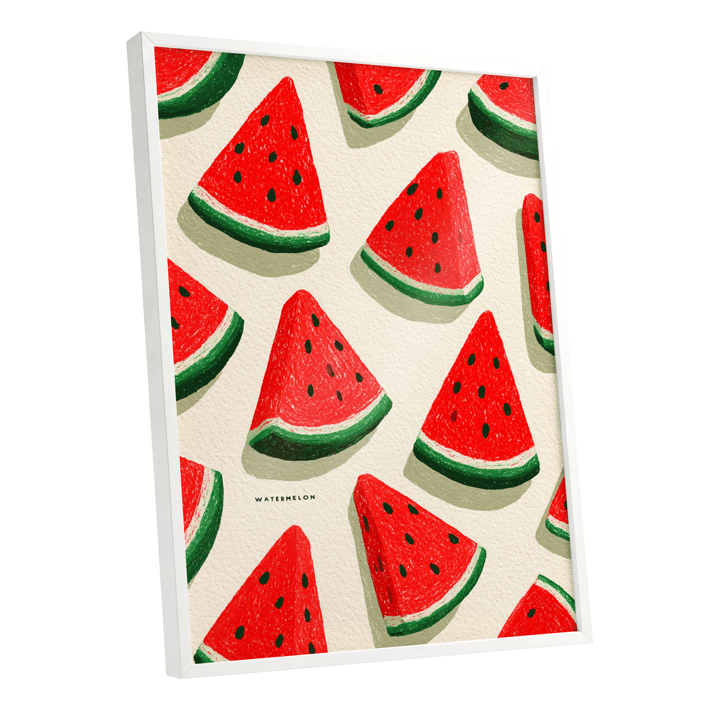 Sunlit Watermelon Parade, red, green, beige nature wall art shown as a white framed poster wall art print
