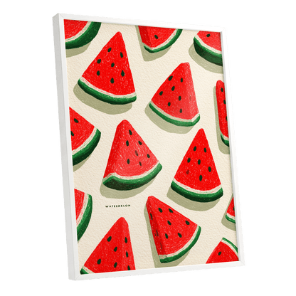 Sunlit Watermelon Parade, red, green, beige nature wall art shown as a white framed poster wall art print