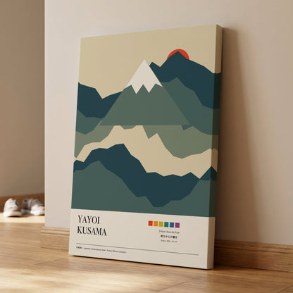 Sunrise Over Silent Peaks, green, beige, blue nature wall art on canvas displayed in a styled interior, gallery view 1