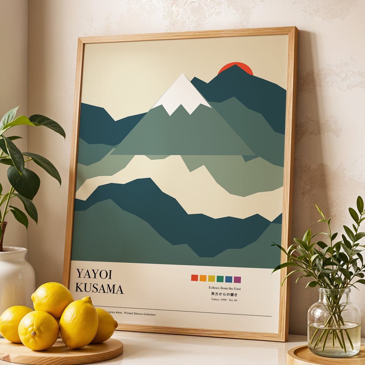 Sunrise Over Silent Peaks, green, beige, blue nature wall art displayed in a styled interior, gallery view 4