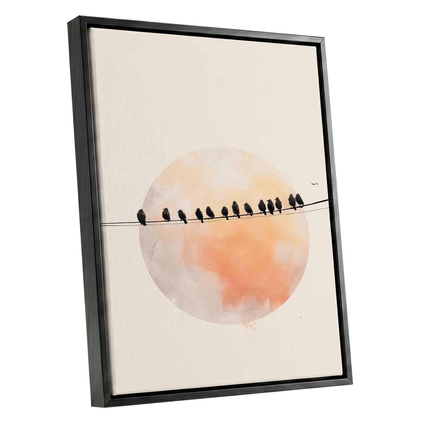 Sunset Assembly, black, beige, orange nature wall art shown as a black framed canvas wall art