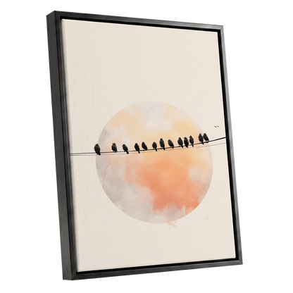 Sunset Assembly, black, beige, orange nature wall art shown as a black framed canvas wall art