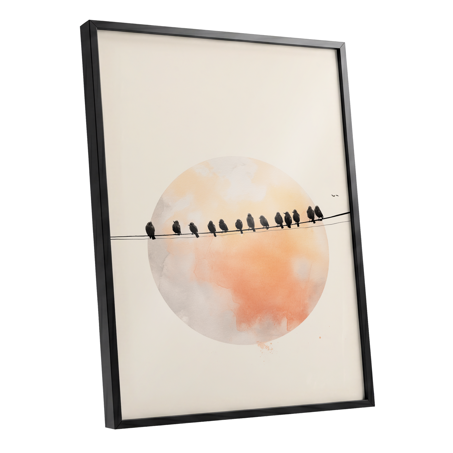 Sunset Assembly, black, beige, orange nature wall art shown as a black framed poster wall art print