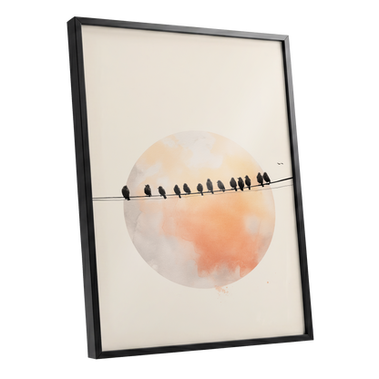 Sunset Assembly, black, beige, orange nature wall art shown as a black framed poster wall art print
