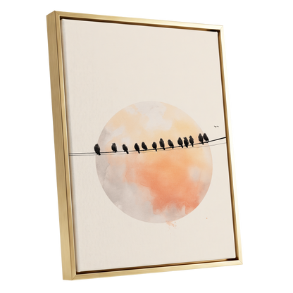 Sunset Assembly, black, beige, orange nature wall art shown as a gold framed canvas wall art