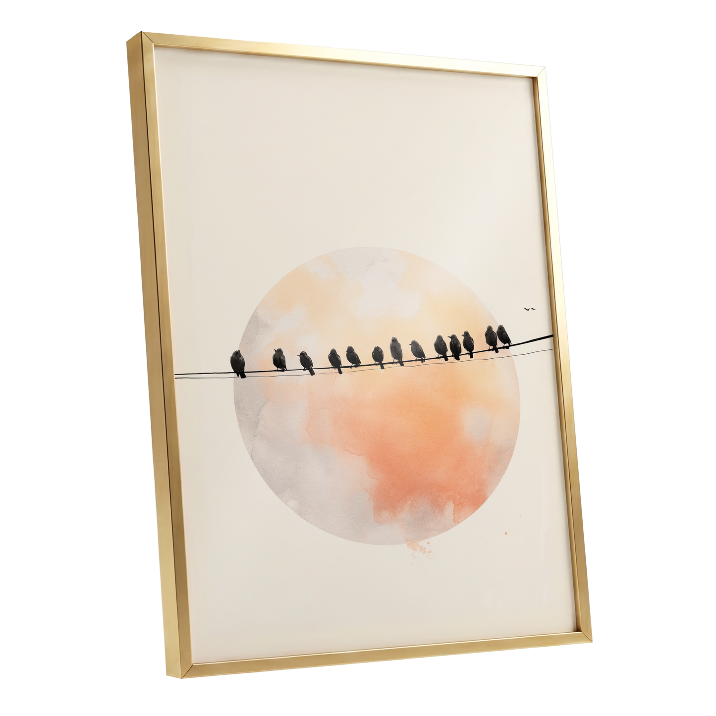 Sunset Assembly, black, beige, orange nature wall art shown as a gold framed poster wall art print