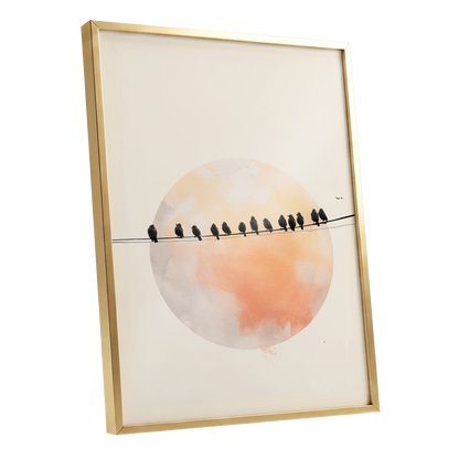 Sunset Assembly, black, beige, orange nature wall art shown as a gold framed poster wall art print
