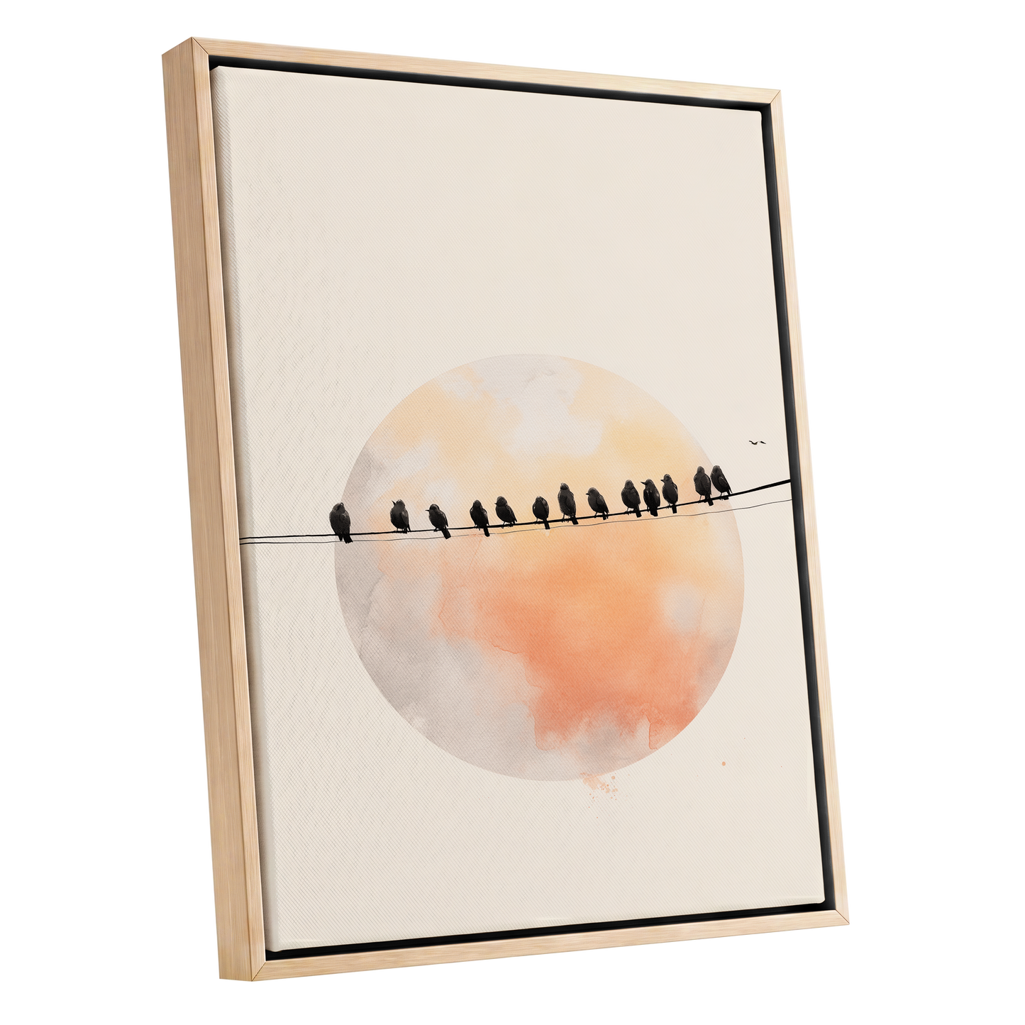 Sunset Assembly, black, beige, orange nature wall art shown as a oak framed canvas wall art