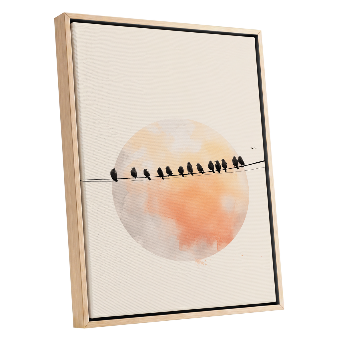 Sunset Assembly, black, beige, orange nature wall art shown as a oak framed canvas wall art
