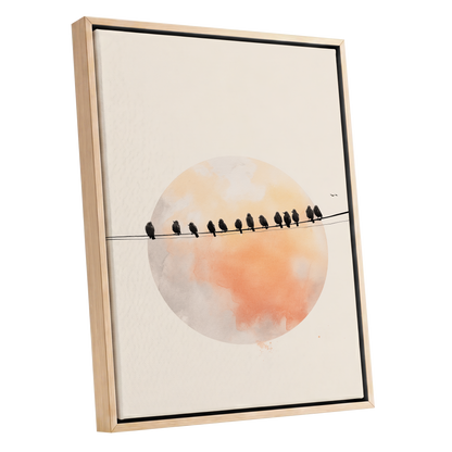 Sunset Assembly, black, beige, orange nature wall art shown as a oak framed canvas wall art