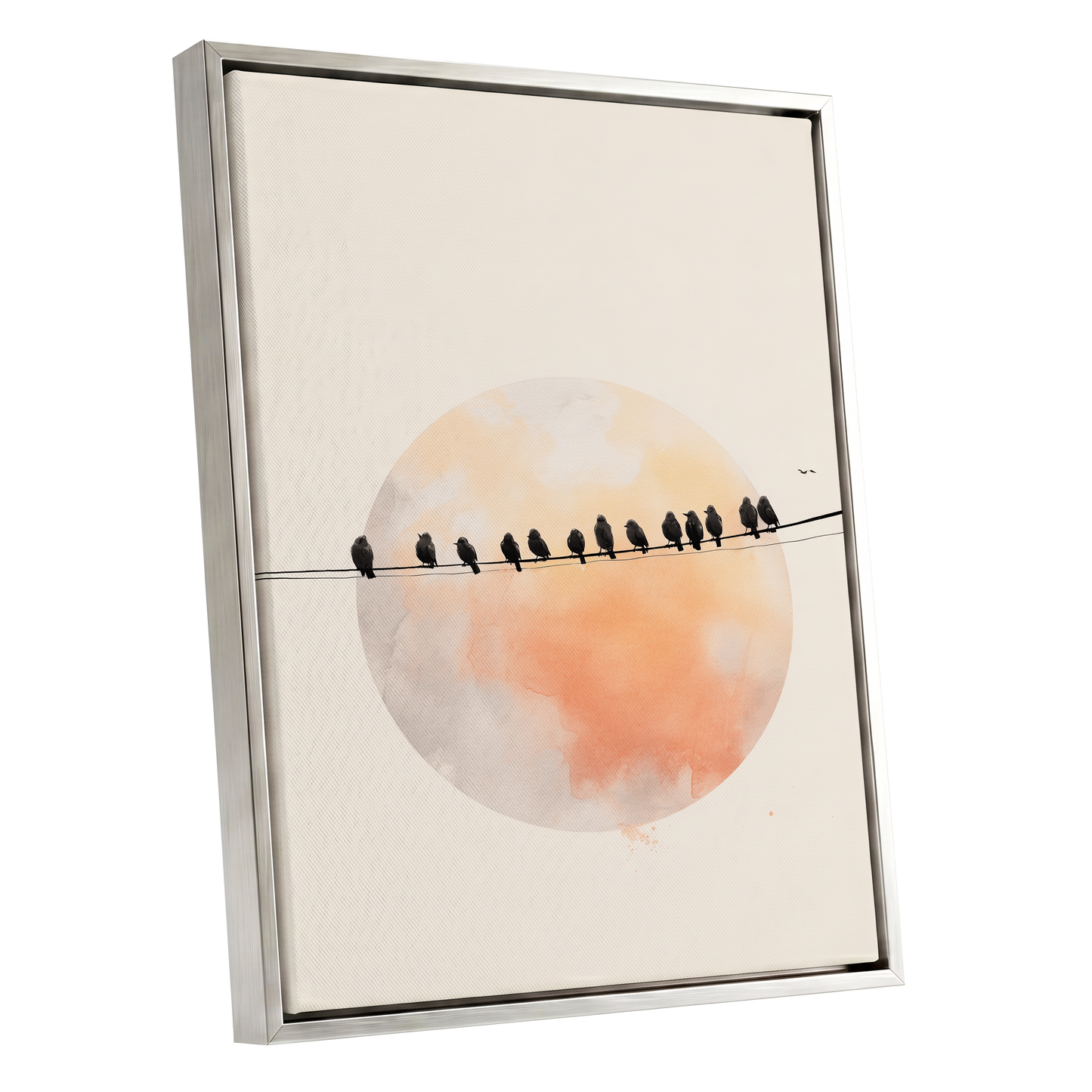 Sunset Assembly, black, beige, orange nature wall art shown as a silver framed canvas wall art