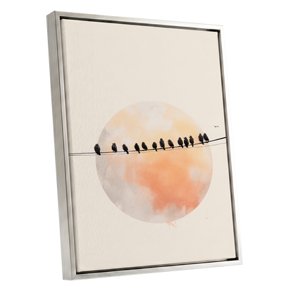 Sunset Assembly, black, beige, orange nature wall art shown as a silver framed canvas wall art