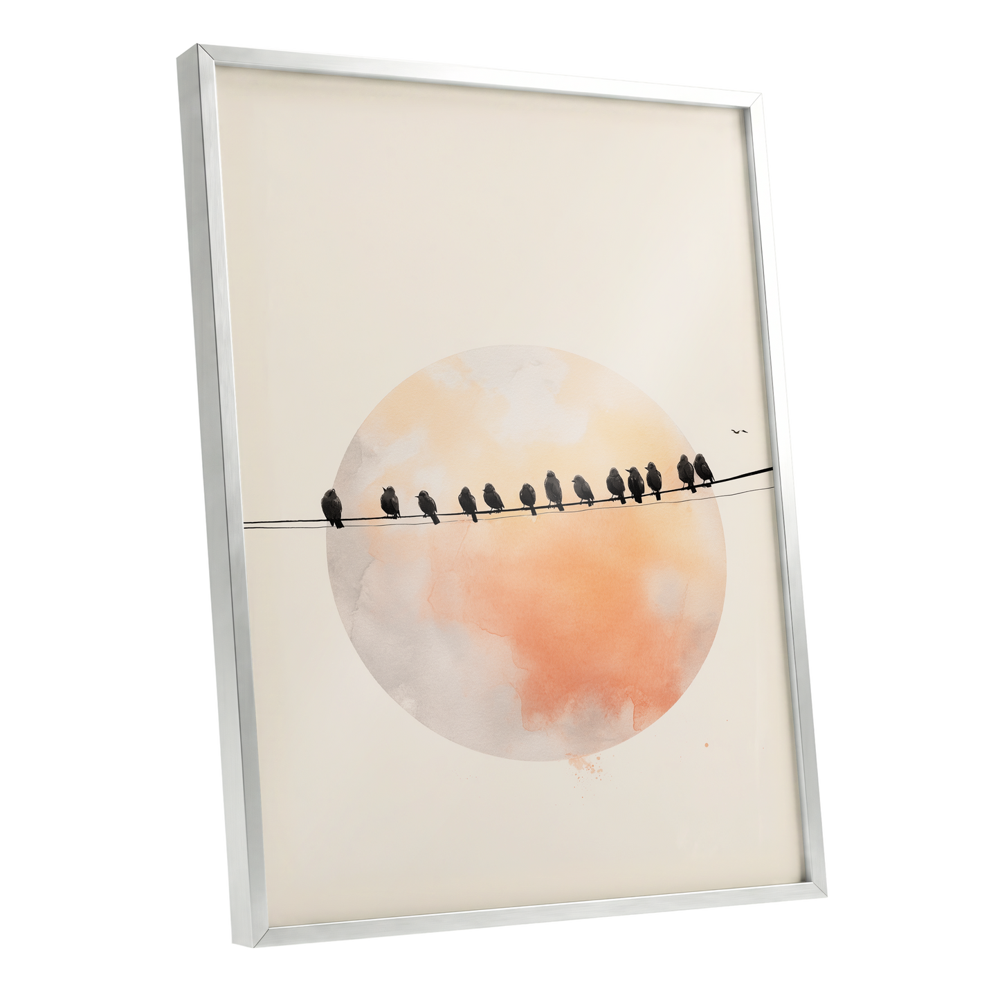 Sunset Assembly, black, beige, orange nature wall art shown as a silver framed poster wall art print